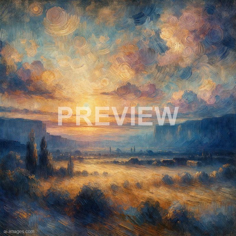 The image depicts a vibrant sunset over a landscape with a dramatic sky filled with swirling, textured clouds in shades of pink, orange, and purple, illuminated by the setting sun near the horizon. Below, the land features a river or body of water reflecting the sky's colors, with distant cliffs or mountains on either side creating a sense of depth. Tall, dark trees or vegetation are visible in the foreground, adding contrast to the bright sky and water.